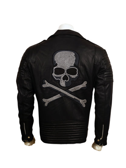 Skull Embroidered Black Leather Biker Jacket