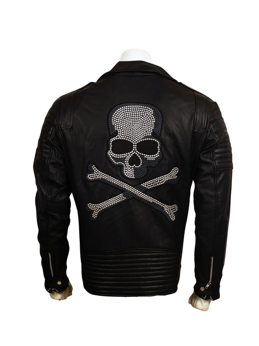 Skull Embroidered Black Leather Biker Jacket