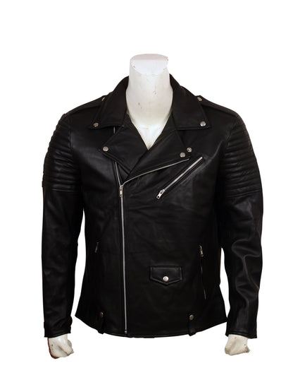 Skull Embroidered Black Leather Biker Jacket