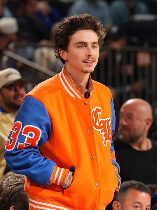 Timothée Chalamet Blue and Orange Varsity Jacket