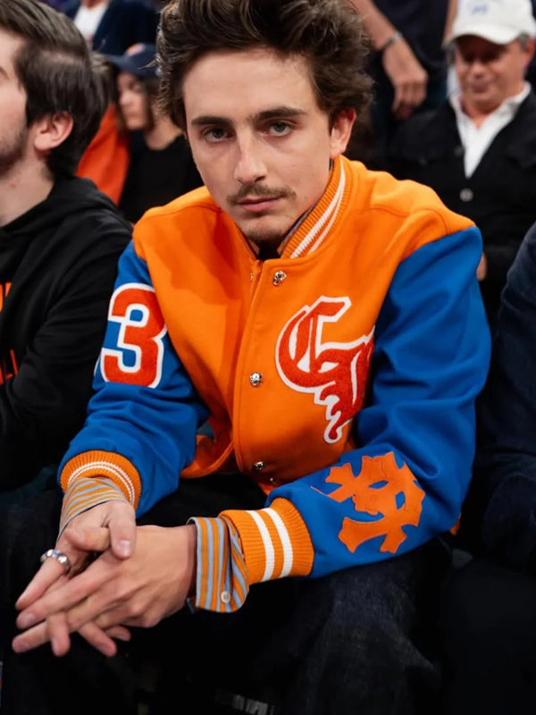 Timothée Chalamet Blue and Orange Varsity Jacket