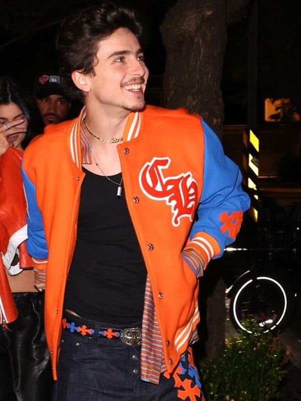 Timothée Chalamet Blue and Orange Varsity Jacket