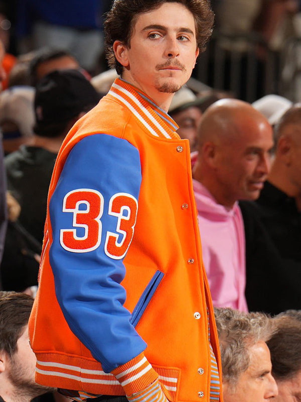 Timothée Chalamet Blue and Orange Varsity Jacket