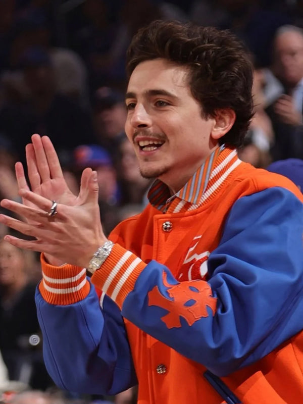 Timothée Chalamet Blue and Orange Varsity Jacket