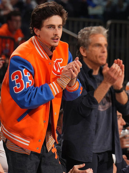 Timothée Chalamet Blue and Orange Varsity Jacket