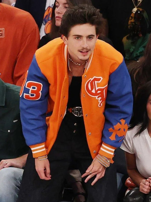 Timothée Chalamet Blue and Orange Varsity Jacket
