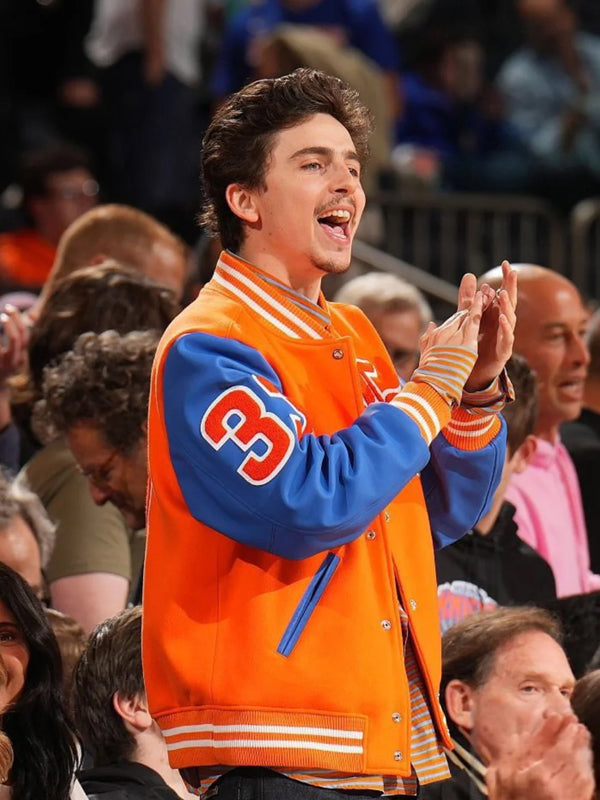 Timothée Chalamet Blue and Orange Varsity Jacket