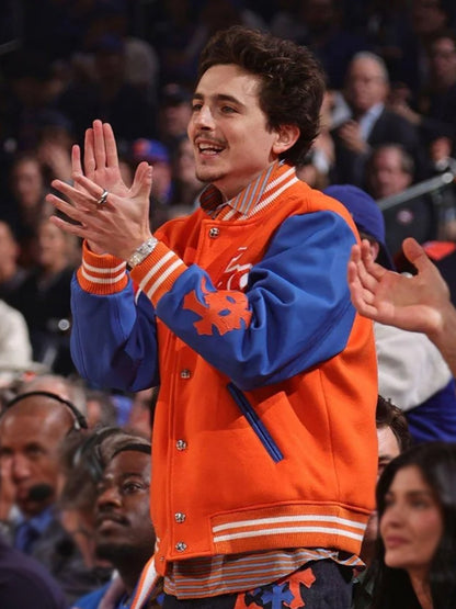 Timothée Chalamet Blue and Orange Varsity Jacket