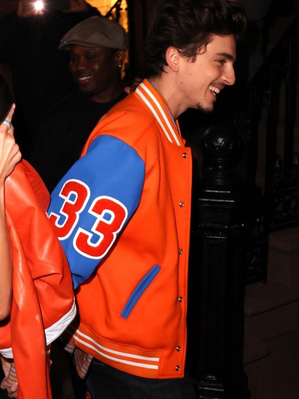 Timothée Chalamet Blue and Orange Varsity Jacket