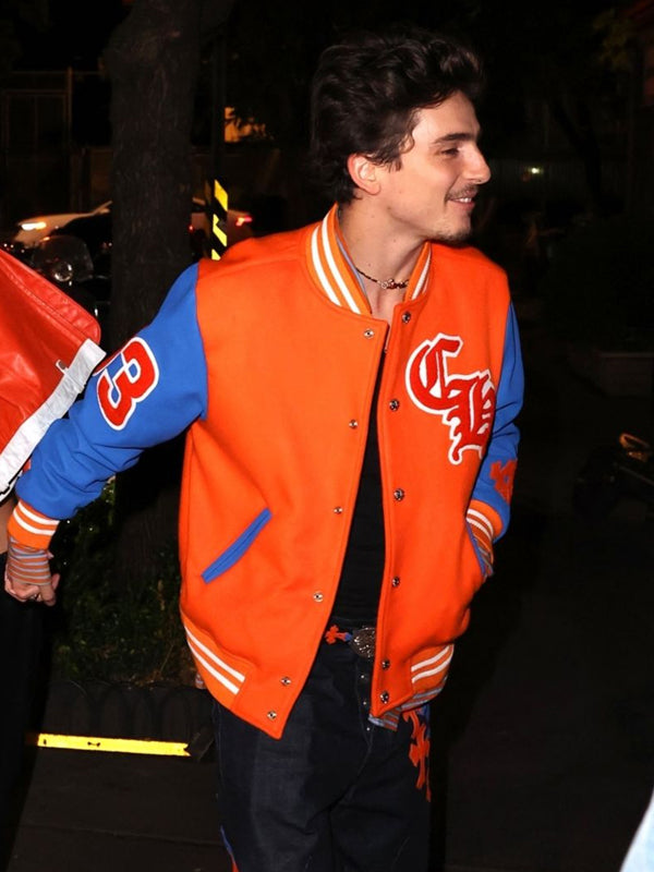 Timothée Chalamet Blue and Orange Varsity Jacket