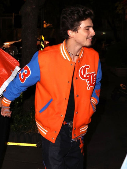 Timothée Chalamet Blue and Orange Varsity Jacket