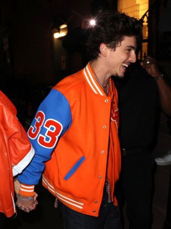 Timothée Chalamet Blue and Orange Varsity Jacket