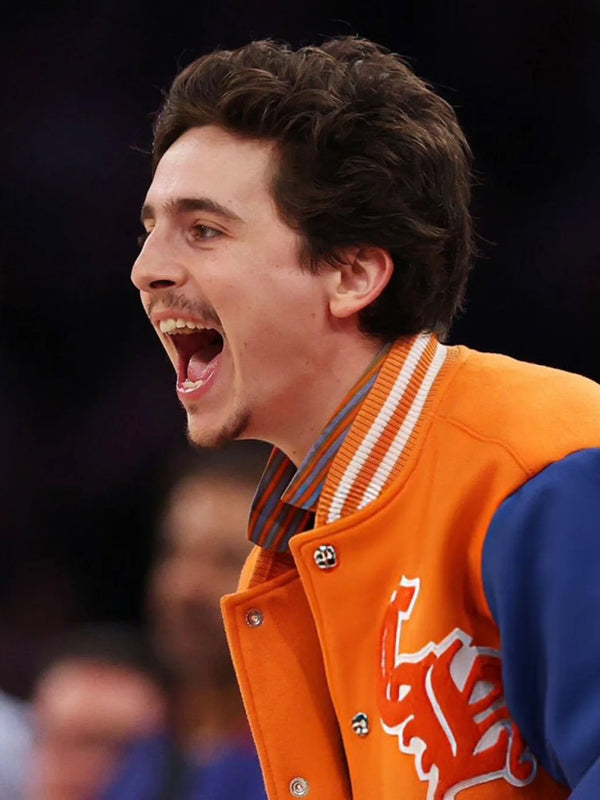 Timothée Chalamet Blue and Orange Varsity Jacket
