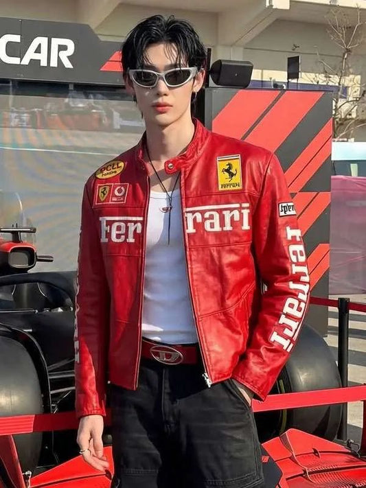 Wonho Grand Prix Qatar Red Ferrari Leather Jacket